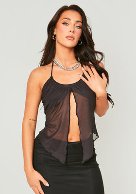 Ciara Black Mesh Halter Neck Tie Front Drape Detail Top