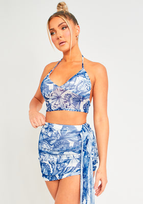 Lily Blue Butterfly Print Halter Neck Mesh Top