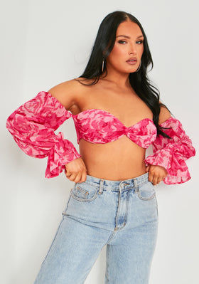 Colleen Pink Puff Sleeve Bardot Crop Top