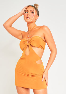 Indie Orange O Ring Halterneck Cut Out Slinky Mini Dress