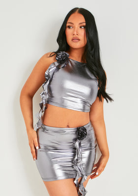 Tilly Silver Flower Corsage Metallic Crop Top