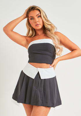 Amber Charcoal Fold Over Pleated Mini Skirt