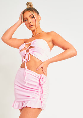 Sharna Pink Textured Lace Up Detail Crop Top