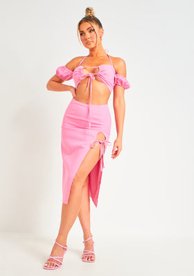 Poppy Pink Linen Side Tie Maxi Skirt