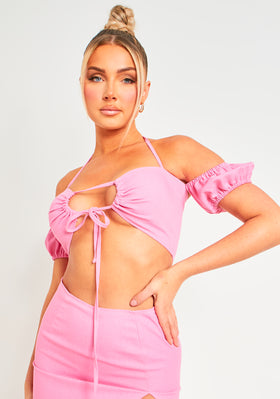 Michaela Pink Linen Tie Front Halter Neck Crop Top