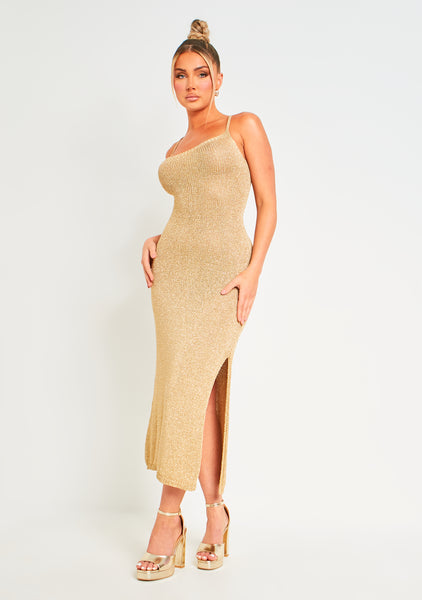 Skylar Gold Metallic Knit Midi Dress | Women's Dresses | MissyEmpire –  MISSYEMPIRE