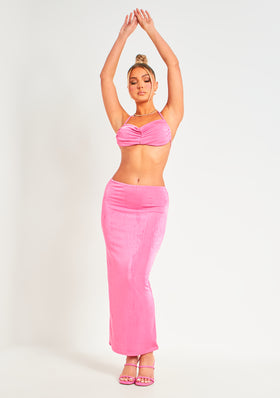 Amora Pink Acetate Slinky Ruched Maxi Skirt