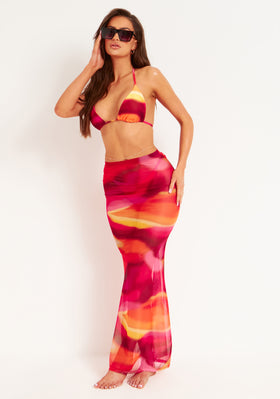 Amirah Orange Multi Mesh Printed Maxi Skirt