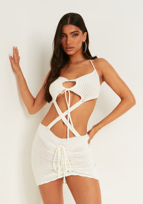Fia Off White Knitted Cut Out Halter Mini Dress