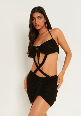 Fia Black Knitted Cut Out Halter Mini Dress