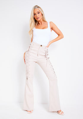 Affiyah Beige Cut Out Lace Up Flared Trouser