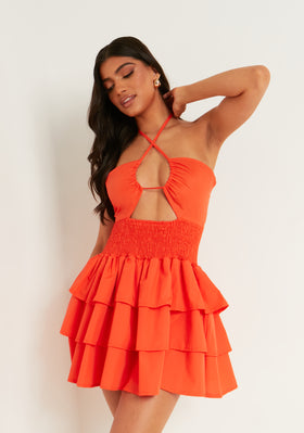 Mila Orange Shirred Waist Tiered Frill Halter Mini Dress