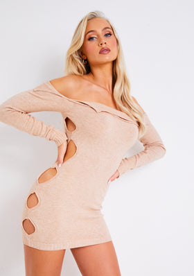 Mya Beige Knitted Bardot Cut Out Mini Dress