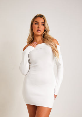 Kiara White Long Sleeve Off The Shoulder Knitted Dress