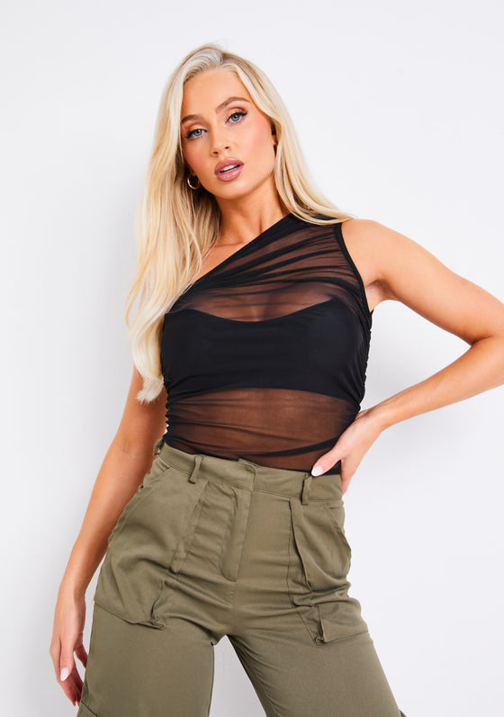 Shayan Black Mesh One Shoulder Bodysuit
