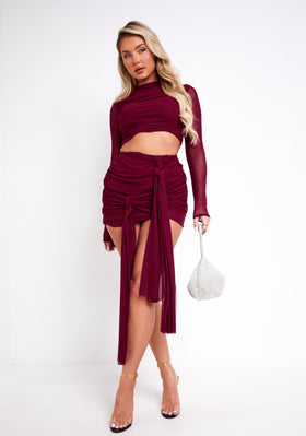 Alanna Burgundy Mesh Drape Detail Mini Skirt