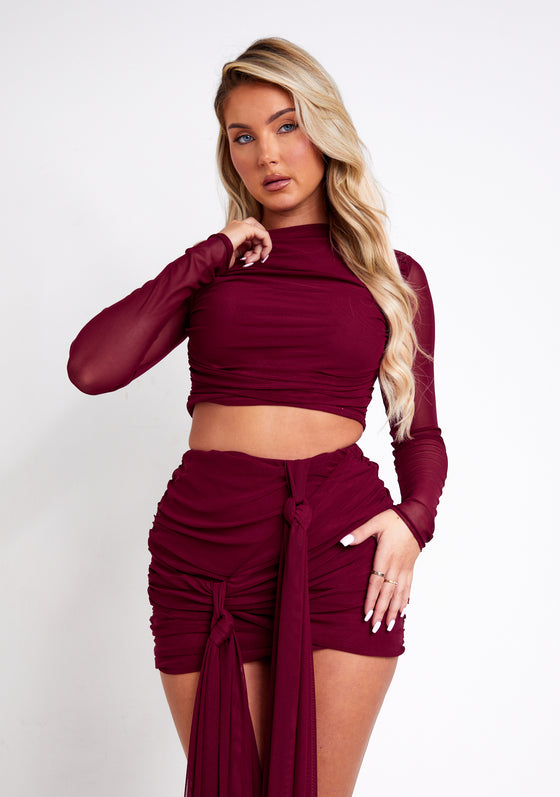 Mariah Burgundy Mesh Long Sleeve Crop Top