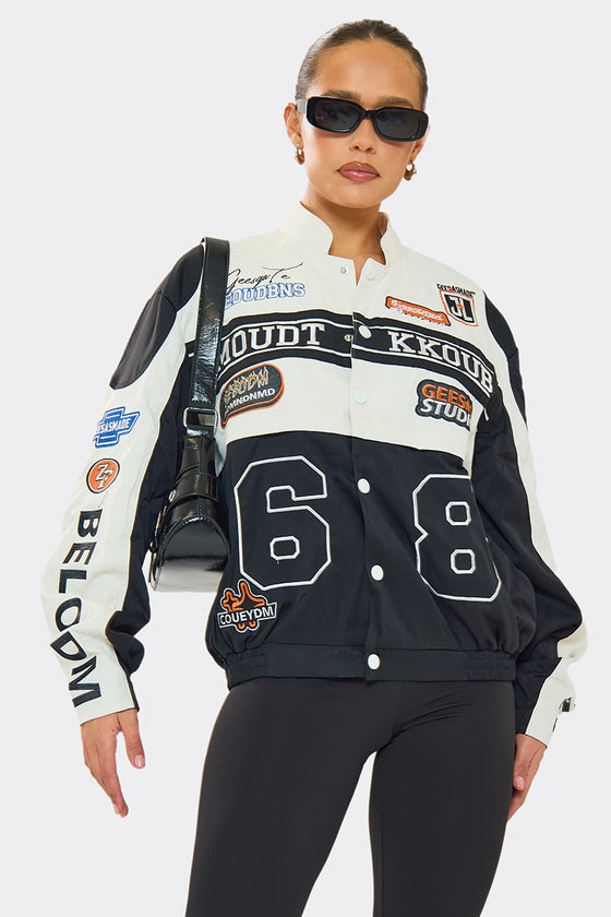 Sofie Black Multi-Patch 2-in-1 Detachable Cropped Racing Jacket