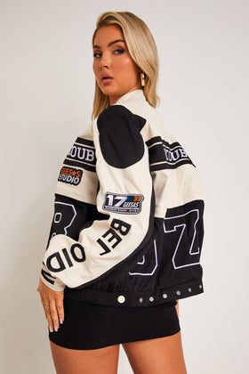 Sofie Black Multi-Patch 2-in-1 Detachable Cropped Racing Jacket