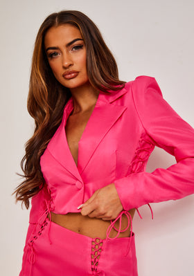 Zia Pink Cropped Lace Up Detail Blazer