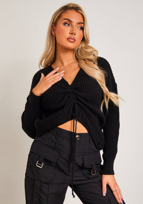 Alicia Black Ruched Front Knitted Jumper