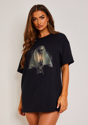 Veronica Black Halloween Nun Oversized Graphic T-Shirt