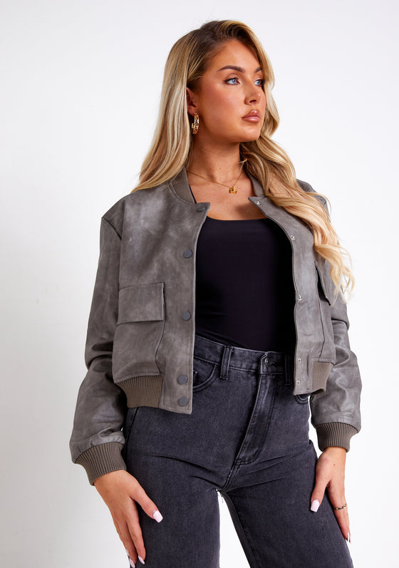 Sydney Grey Washed PU Bomber Jacket