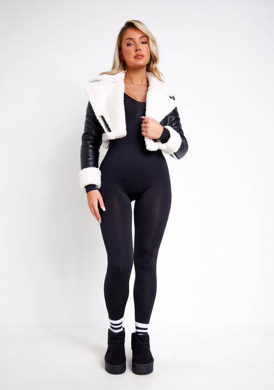 Rosie Black Faux Fur Trim Crop Aviator Jacket