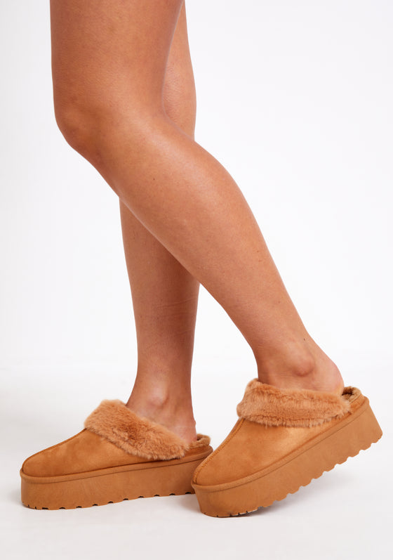 Sara Brown Faux Fur Lined Platform Slippers