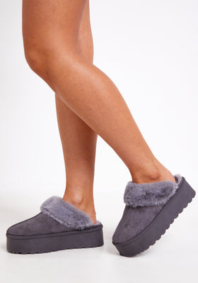 Sara Grey Faux Fur Lined Platform Slippers