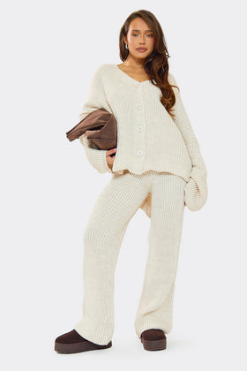 Chantelle Beige Chunky Knit Cardigan & Trouser Co-Ord Set