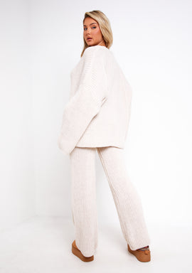 Chantelle Beige Chunky Knit Cardigan & Trouser Co-Ord Set