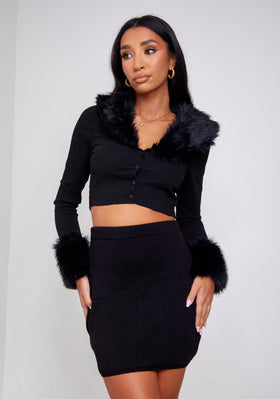 Libby Black Faux Fur Trim Crop Cardigan