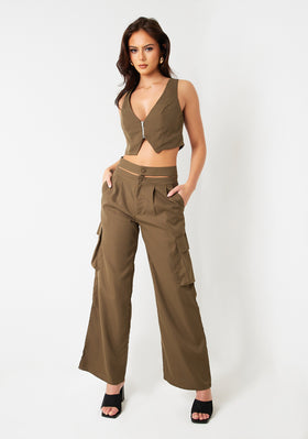 Morgan Khaki Cut Out Waist Straight Leg Cargo Trousers