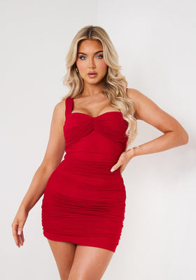 Maisie Red Mesh Ruched Bodycon Dress