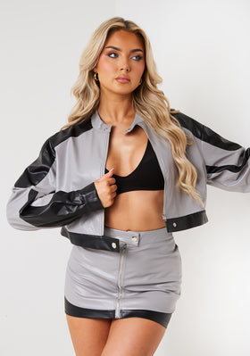 Marina Grey Multi Contrast Faux Leather Crop Biker Jacket
