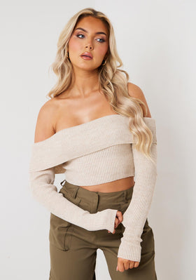 Callie Oatmeal Fold Over Knitted Crop Top