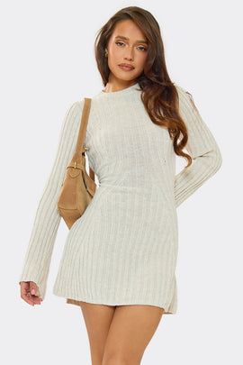 Harper Beige Rib Knit Flare Mini Dress | Women's Cute Knitted