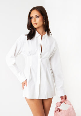 Maylah White Cinched Waist Mini Shirt Dress