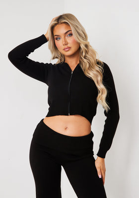 Rylee Black Knit Zip Through Hooded Jacket