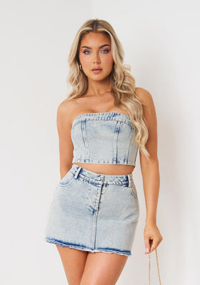 Miley Light Blue Washed Denim Corset Top