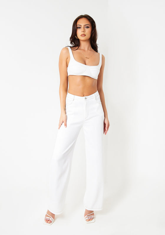 Nala White Contrast Stitch Straight Leg Trousers
