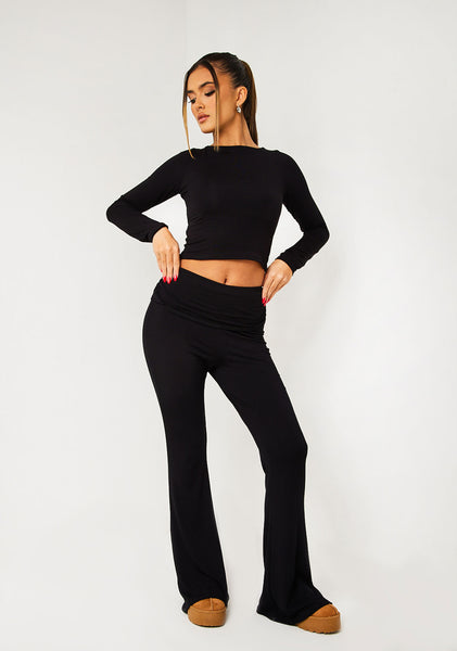 Alena Black Fold Over Yoga Pants, Women's Cute Active Co-Ord's