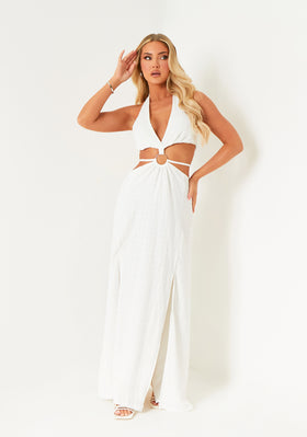 Catalina White Textured Halter Neck Cut Out Maxi Dress