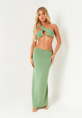Trista Green Knit Asymmetric One Shoulder Cut Out Top