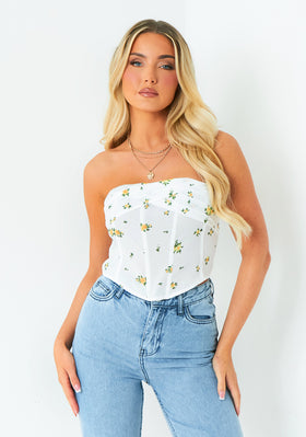 Emily White Fold Over Floral Corset Top