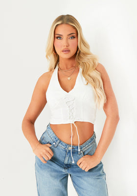 Zoey White Lace Up Detail Halter Top