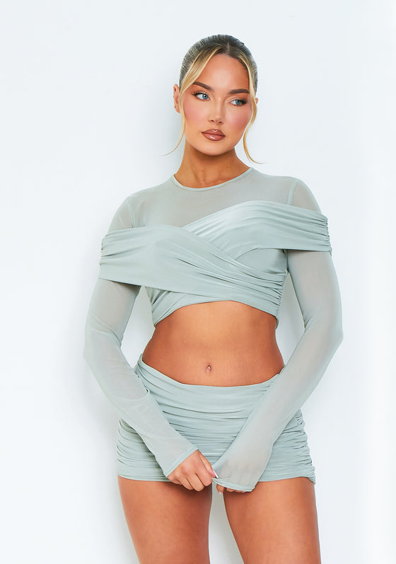 Ivy Sage Mesh Sleeve Cross Over Long Sleeve Top
