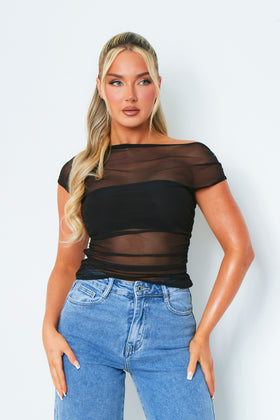Libby Black Short Sleeve One Shoulder Mesh Top