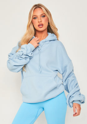 Chrissa Pastel Blue Oversized Ruched Sleeve Hoodie